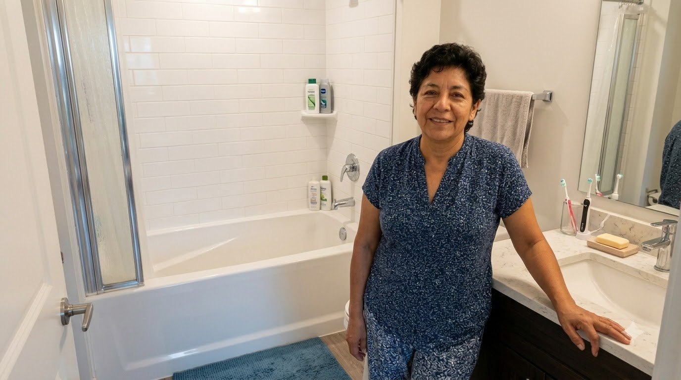 Marta beside a clean bathtub and bathroom counter
