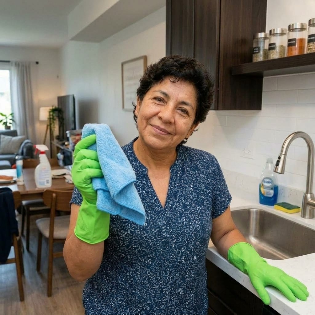 Marta smiling in her kitchen, holding a blue cleaning cloth